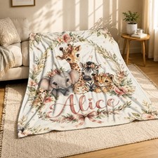 Personalized Baby Safari Plush Throw Blanket Animal Print Decor