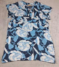Elie Tahari 100% Linen Dress L/XL Blue Tropical Coastal Resort Summer Comfy