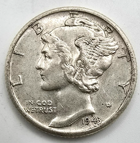 1943 D Mercury Dime AU/BU Full Bands 90% Silver Free ship! WWII Type Coin FB