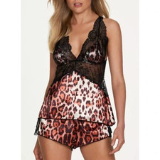 NWT Frederick's of Hollywood Leopard Satin Lace Cami Boyshort Panty Size Medium