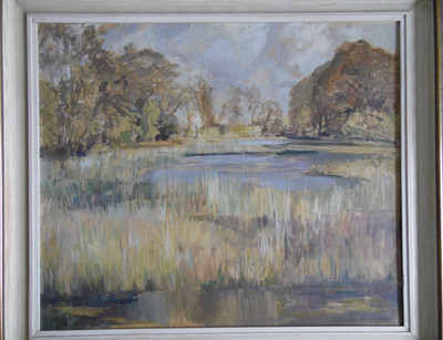 Seenlandschaft mit Bäumen Hochwurz?  Australische Patricia Prentice Original Öl