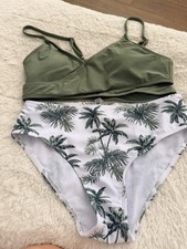 Girls Green Palm Print 3 Piece Swim Set, High-Waisted Bikini, 11-12 Years