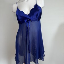 Vintage Y2K Victoria  s Secret Blue Satin Sheer Babydoll Nightgown Large Stunning