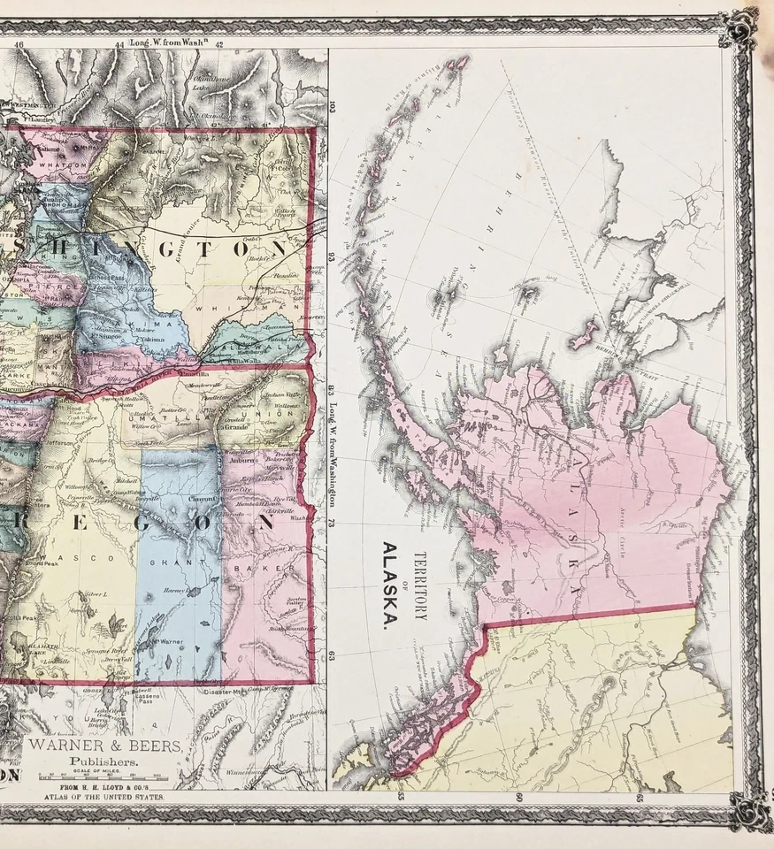1875 WASHINGTON - OREGON - ALASKA Map ORIGINAL - ANTIQUE (16X13) RAILROADS - Image 3 of 3