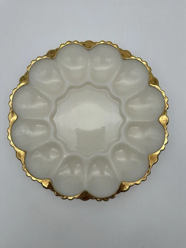 Anchor Hocking 1950s Fire King Milk Glass Deviled Egg Plate Dish 22K Gold Trim