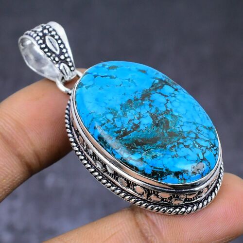 Natural Tibetan Turquoise Gemstone 925 Steling Silver Pendant 2.17" Gift u216 - Picture 1 of 7