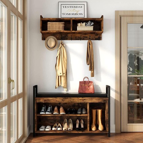 Industrial Entryway Hall Tree Garment Coat Rack with Shoe Bench Storage Shelves - Picture 2 of 7