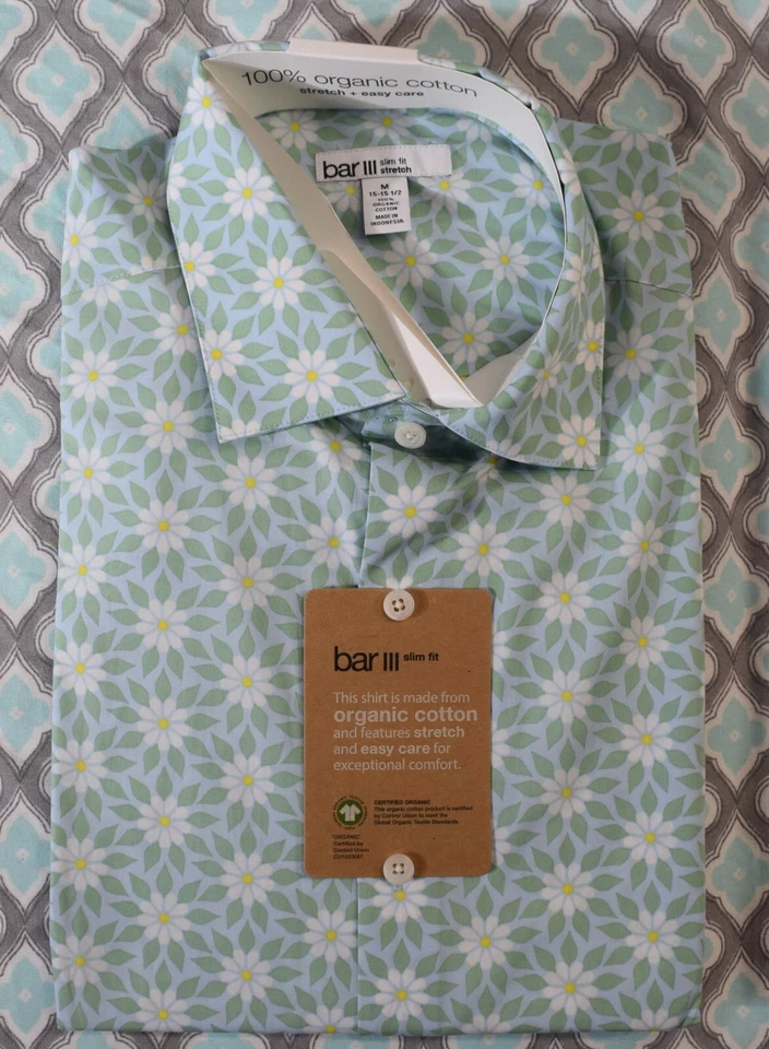 Camisa social Bar III masculina slim fit desempenho stretch retrô estampa margarida verde M - Imagem 2 de 4