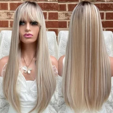 Blonde Highlight Straight Ombré Wig with Bang 13x4 Lace Front Human Hair Wig 