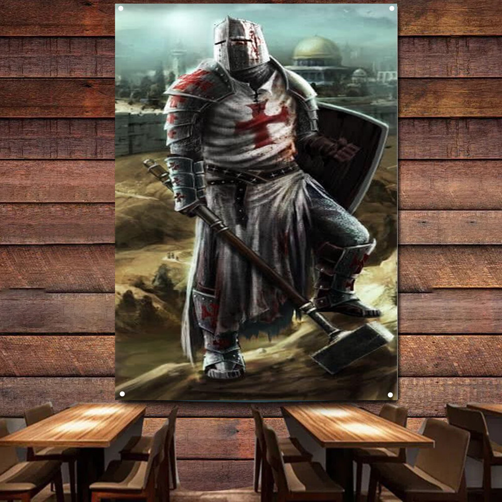 Crusader Warrior Wall Art Tapestry Retro Indoor Decor Poster Knight Templar Flag-image