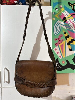 vintage 60s leather handbag, hippie purse, braided shoulder bag