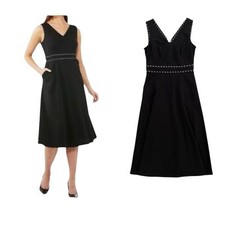 Calvin Klein V-neck Sleeveless A-line Black White Midi Dress Size 10