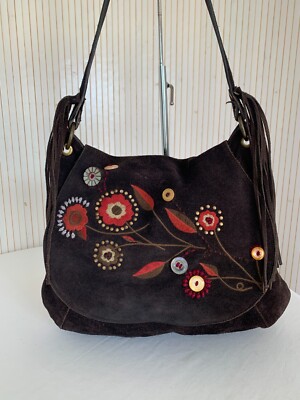 Sac Besace daim marron Café noir décoré Broderie florale Sac à