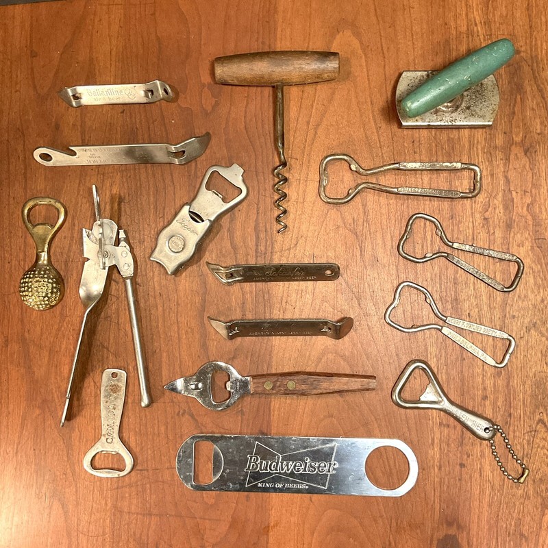 VINTAGE BEER AND SODA BOTTLE, CAN, JAR OPENERS- Assorted Lot of 16 items