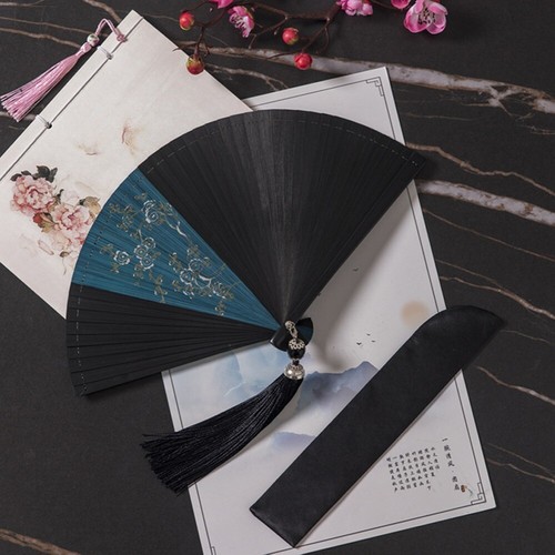 Black Japanese Classical Folding Fan Ancient Style Bamboo Fan Lady Dance Props - Picture 17 of 44