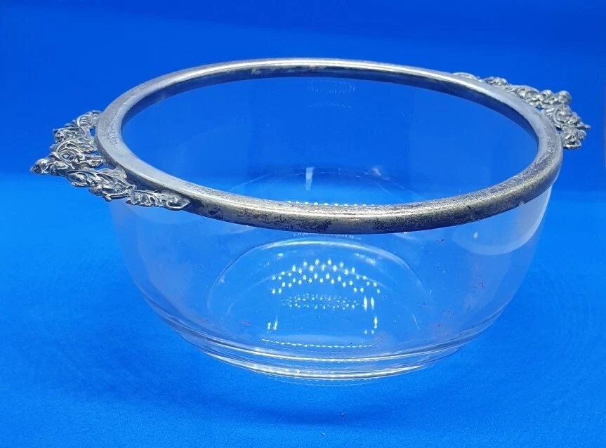 Ciotola in vetro con bordo e manici in argento marcato. Vintage anni '80. - Immagine 2 di 4