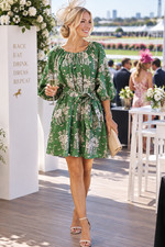 OROTON Posie Print Dress Short Sundress Green Floral Belted Lined LINEN