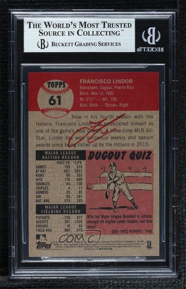 BAS 2018 Topps Living Set Online Exclusive /6714 Francisco Lindor BGS Authentic - Image 2 of 2