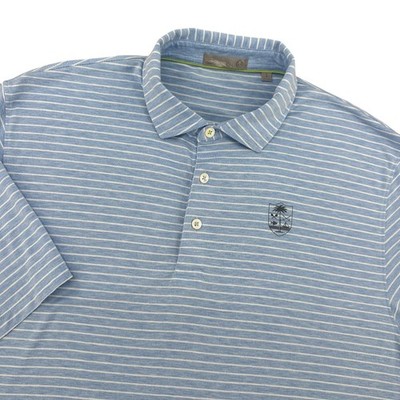 tasc Performance Mens Blue White Striped Polo Shirt Large Palm Tree Crest Logo