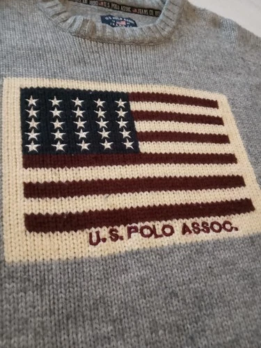 US Polo Assn Sweater Men's XL Gray American Flag Pullover Patriotic USA