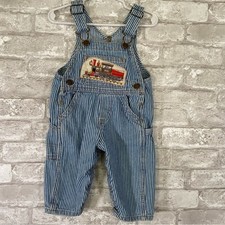 Vintage Oshkosh Striped Blue Kids Overalls trains patches 12 months conductor