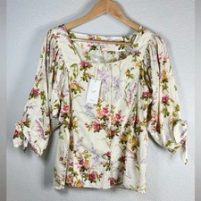 Mille Resort Travel Evelyn Top Floral Boho V-Neck 100% Cotton Blouse Size Large