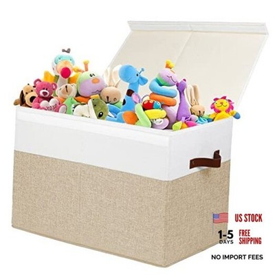 Gowee Large Toy Storage Box with Lid, Sturdy Toys 25''x13'' x16'' Beige and White