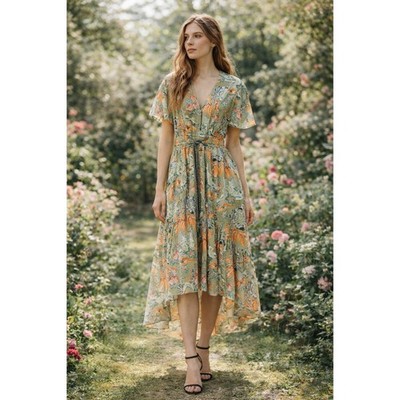 Peter Pilotto Floral Midi Dress Sz 8 Cotton Gathered Waist Wedding Guest Garden