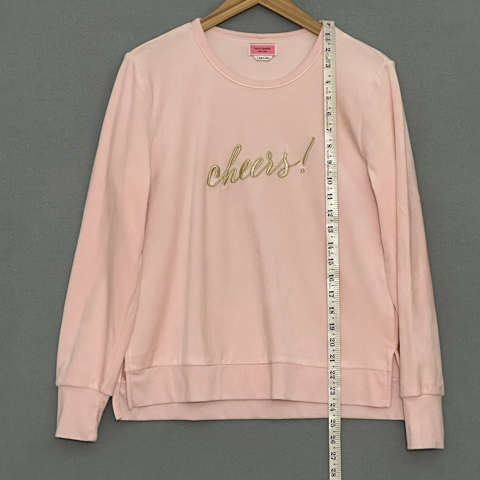 Maglione donna Kate Spade S Cheers rosa velluto orlo diviso felpa Pjs Lounge