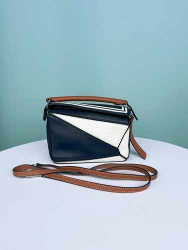 Loewe Puzzle Mini Navy Tan Leather Top Handle Shoulder Crossbody Handbag