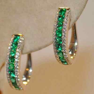 1.20Ct Round Lab Created Green Emerald 14k White Gold Plated Women Hoop Earrings