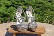 Silver Rhinestone Leather Heels Perfect for Wedding or Special Occasion Size 5.5
