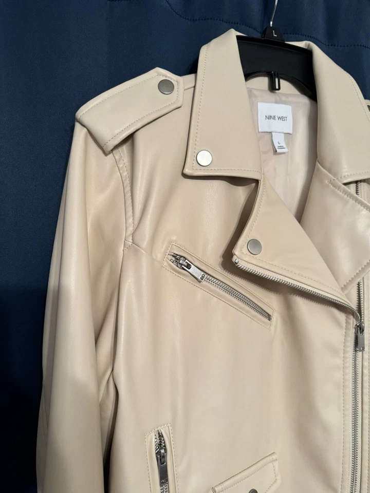 Chaqueta Moto Nine West Mujer Imitación Cuero Beige Grande Nueva Con Etiquetas Foto 2 de 4