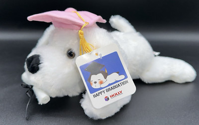 Jiangsu Holly Graduation Dog Stuffed Animal Plush Toy White Pink Grad Hat Tassle
