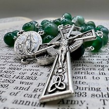 Handmade in Scotland Green Agate Beads Celtic Cross Catholic Rosary Miraculous