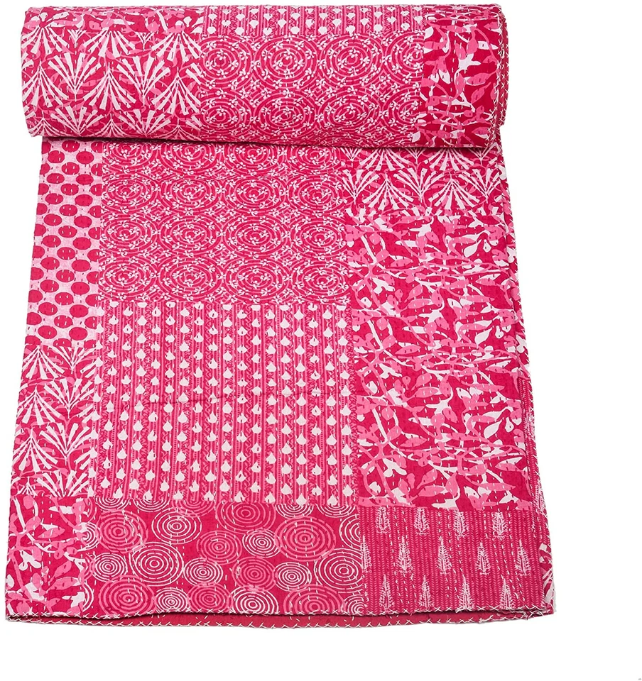 Colcha de retalhos floral rosa Kantha cobertor de cama feito à mão tamanho King - Imagem 2 de 4