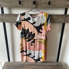 Olivaceous Anthropologie Pink Tropical Print Mini Shift Dress Retro Lined Size M