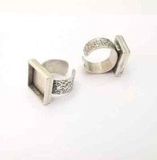 Square Antique Silver Ring Blank Setting, Cabochon Mounting, Adjustable Resin