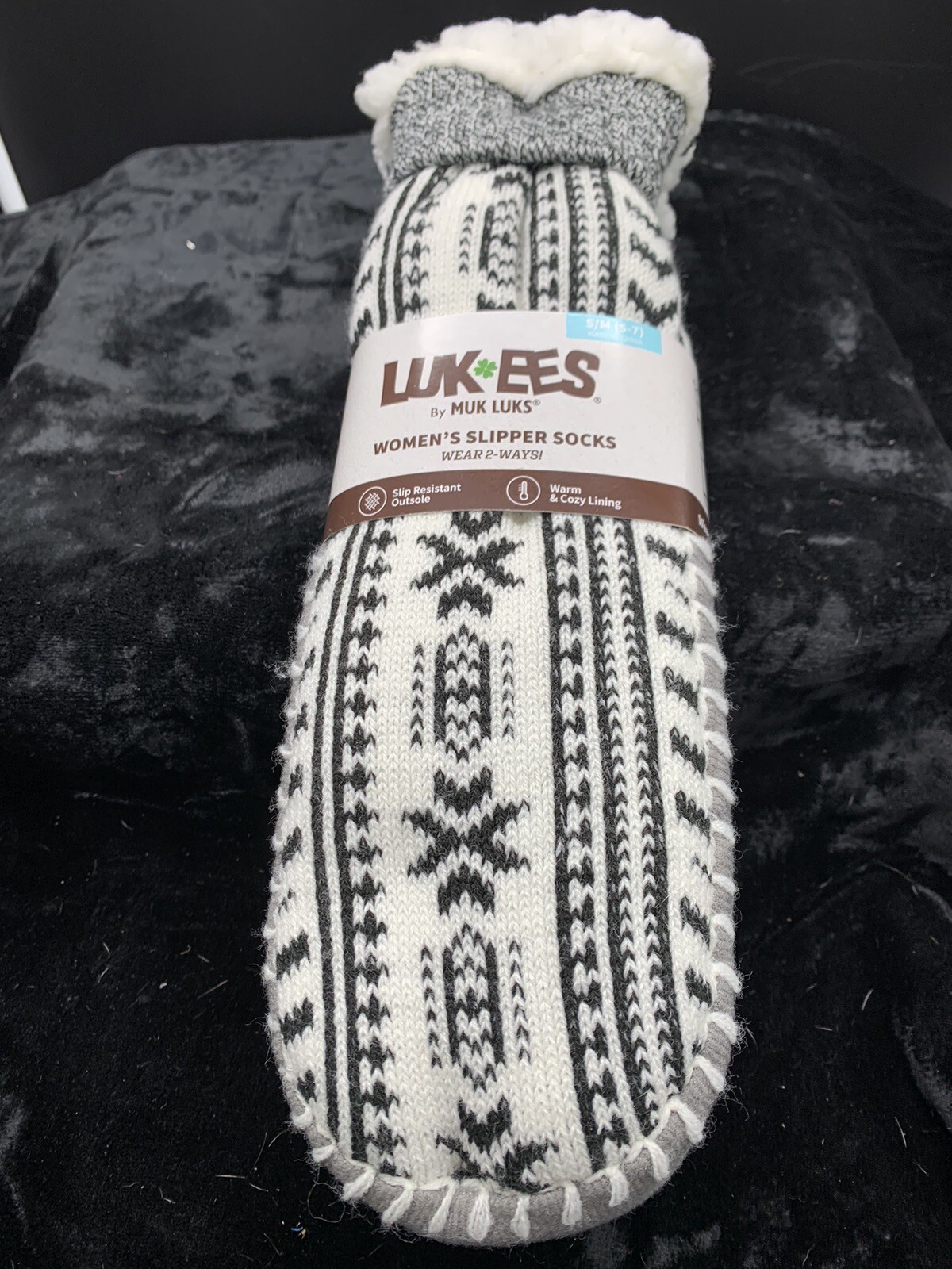 Lukees By Muk Luks Slipper Socks Black / White/ Gray Size s/m 5 7 New