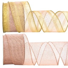Gold Rose Gold Wired Ribbon Metallic Glitter Mesh 2-1/2 Inch 20 Yard