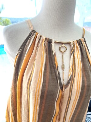 $49 Mlle Gabrielle Smiles Fashion Maxi Dress Stripes Tan Beige Lined size 2X NEW