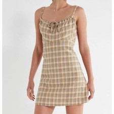 Urban Outfitters Dress S Yellow Plaid Mini Linen Blend Sleeveless Milkmaid Tie