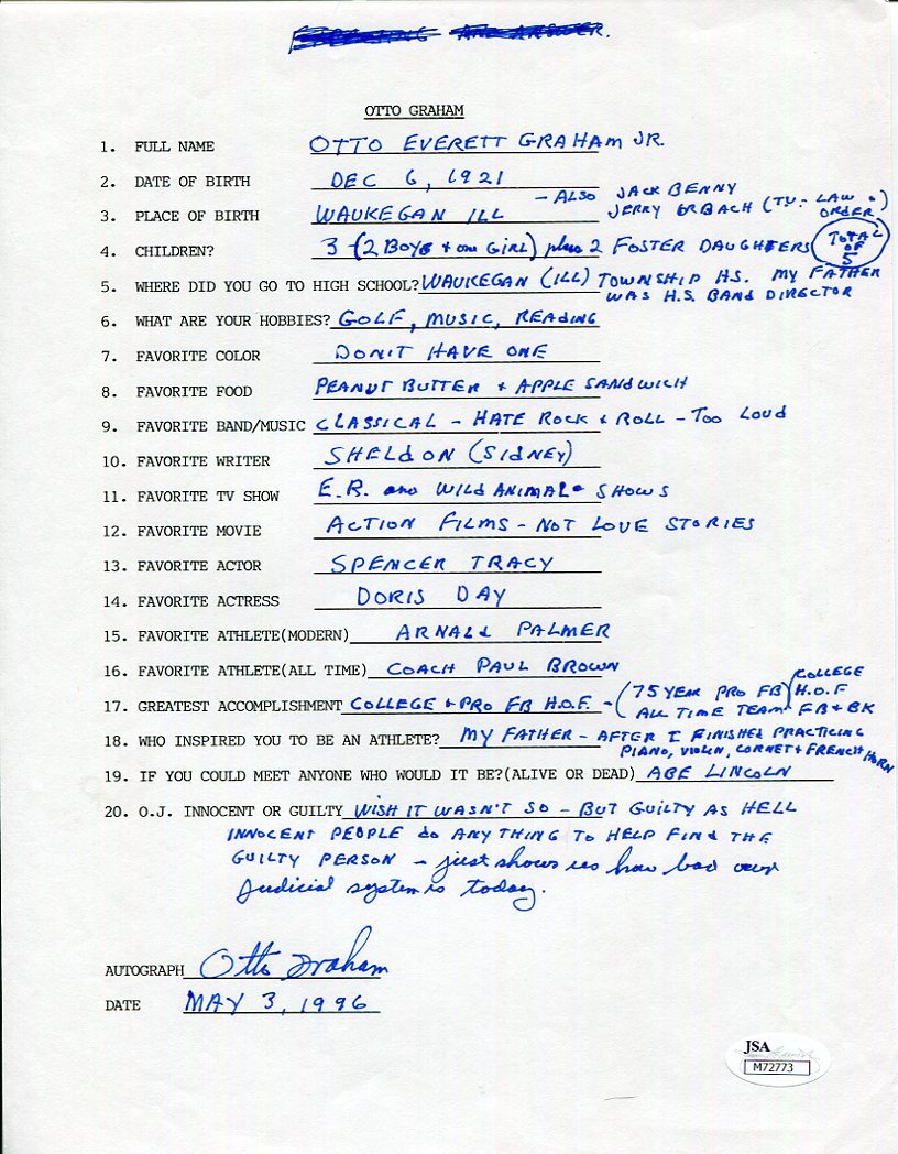 OTTO GRAHAM HAND SIGNED+FILLED OUT 20 QUESTIONS CLEVELAND BROWNS RARE HOF 