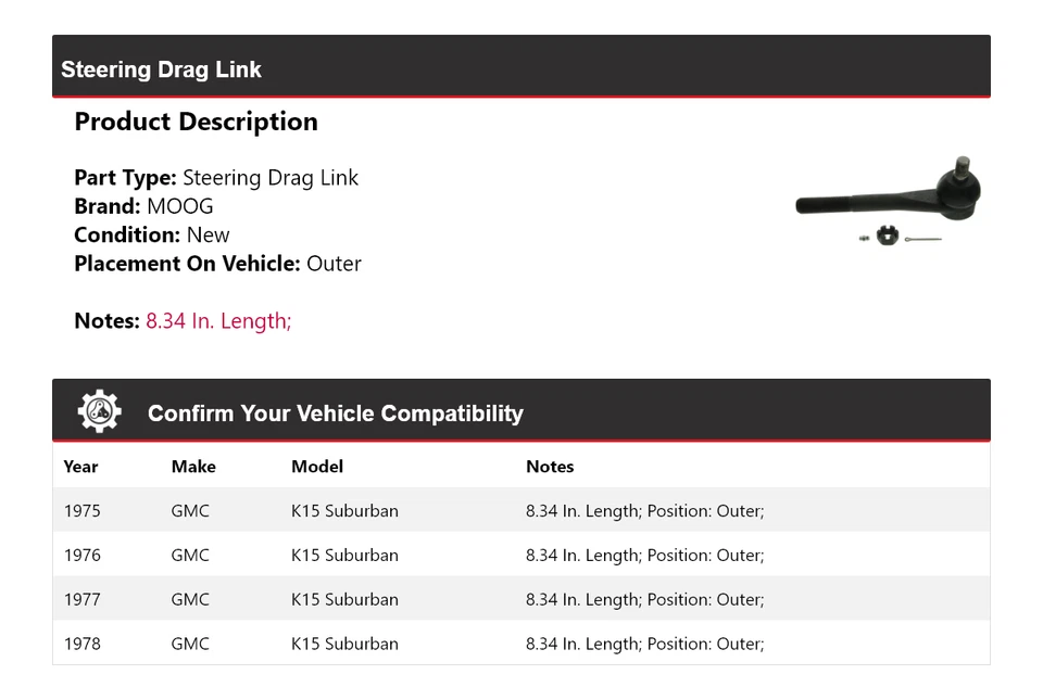 For 1975-1978 GMC K15 Suburban Steering Drag Link Outer MOOG 1975 1976 1977 1978 - Image 2 of 4