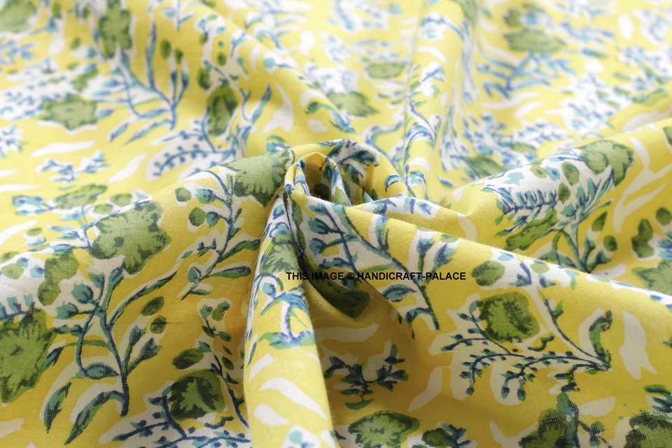 Tela india con estampado de sanganeri natural de algodón hecha a mano 5 yardas Foto 2 de 3