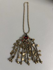 VINTAGE LARGE AFGHAN TURKMEN TRIBAL GOLD TONE ARTISAN DANGLE PENDANT NECKLACE