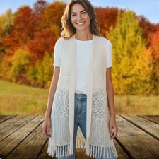 Chicos L beige open crochet fringe boho vest