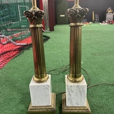 Vtg Pair Mid Century Modern Hollywood Regency Alabaster Brass Column Table Lamps