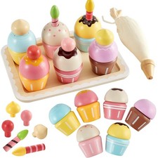 Wooden Cupcakes Toys Pretend Play Food Desserts Kids Baking Set, Kitchen Play