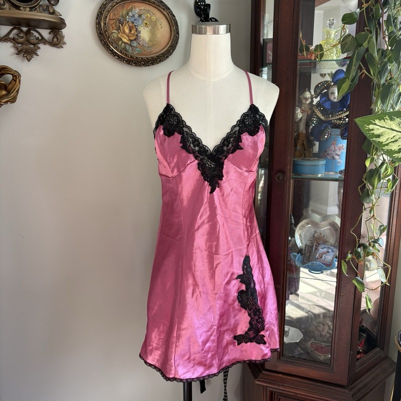 Frederick's of Hollywood Pink Satin Full Slip Black Lace Trim Adjustable M